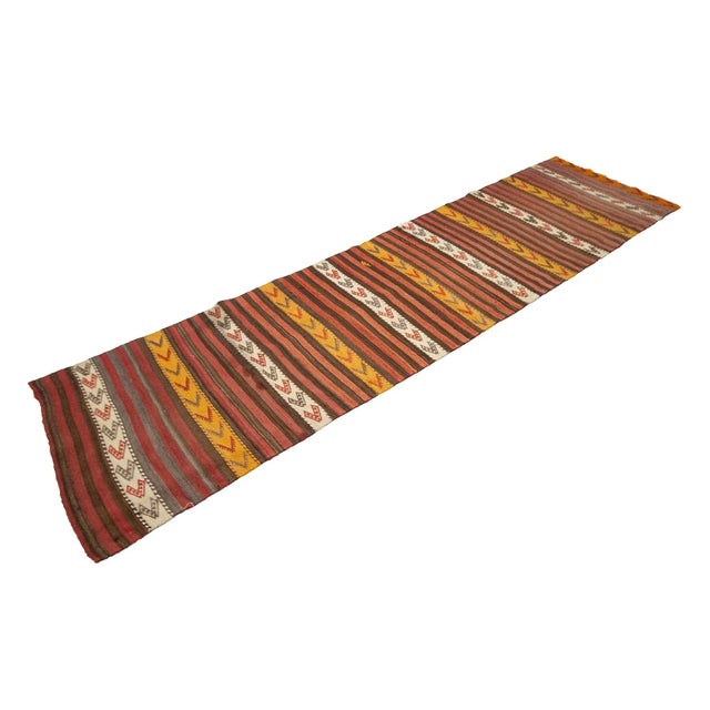 Traditional Vintage Striped Red & Yellow Kilim Runner For Sale - Image 3 of 7
