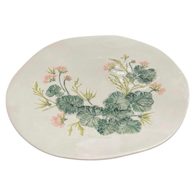 Vintage Hand-Painted Botanical Pelargonium 3d Relief Ceramic Platter For Sale - Image 4 of 12