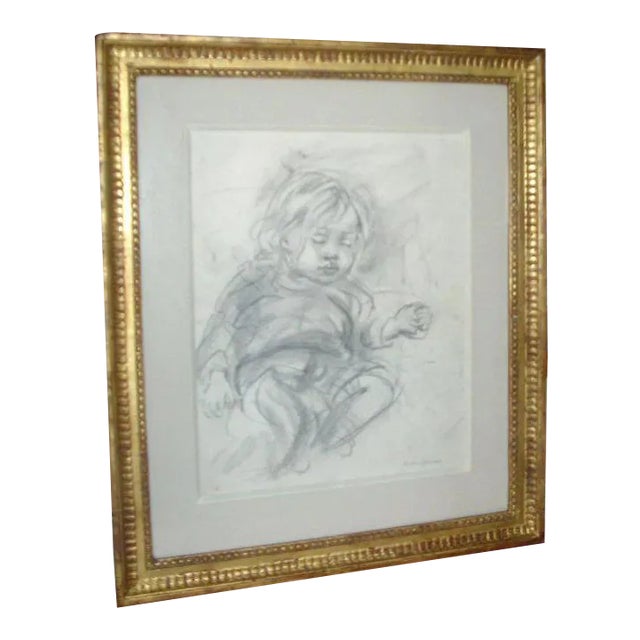 Marion Greenwood Pencil Drawing in Carved Gilt Wood Frame For Sale