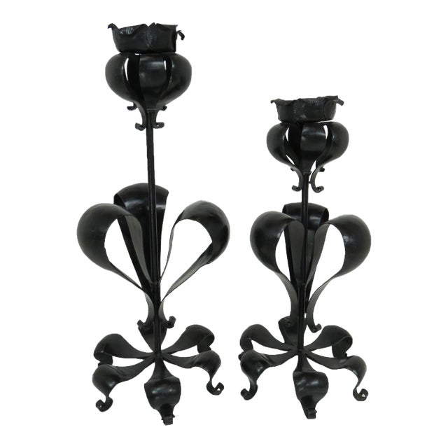 Vintage Gothic Revival Style Wrought Iron Candle Holders - Set of 2 For Sale