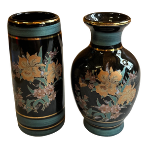 Miniature Vintage Pair of Black Ceramic Asian Style Vases With Floral Accents