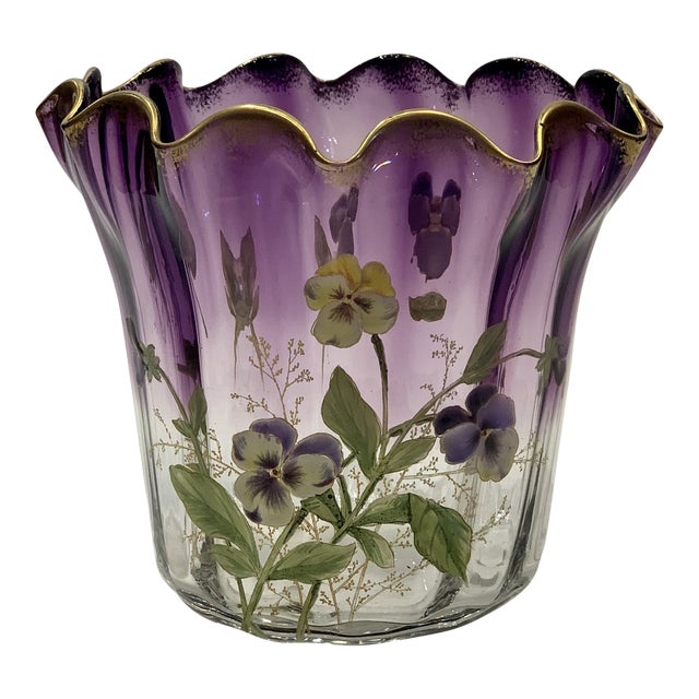 Mont Joye Pansey Art Glass Vase For Sale