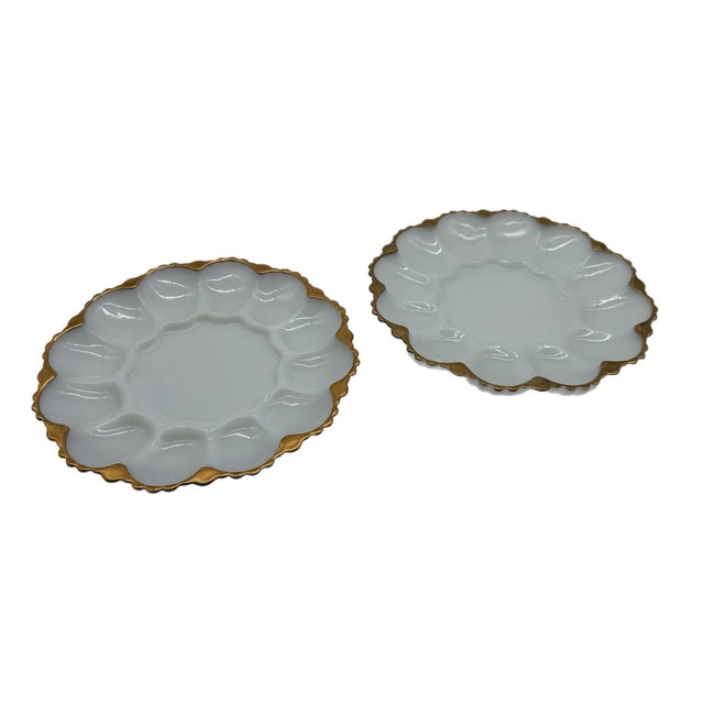 Mid 20th Century Mid-Century Anchor Hocking Fire King Milk Glass 22kt Gold Trim Egg Plate - a Pair For Sale In Miami - Image 6 of 10