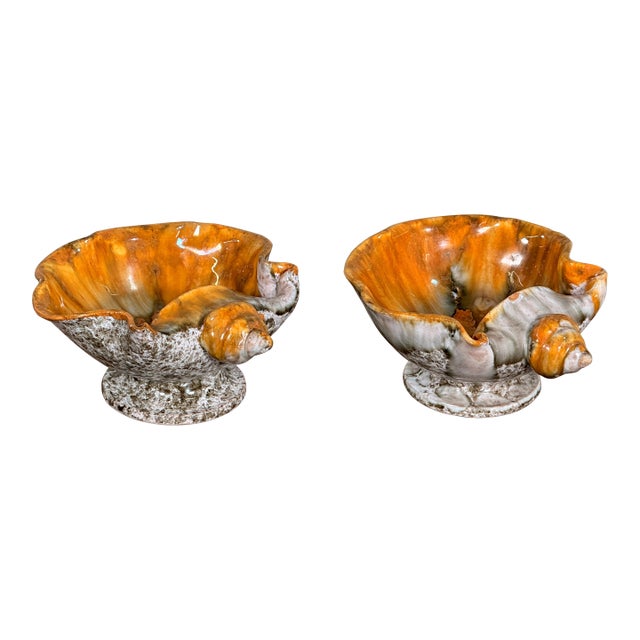 Italian Mid Century Art Pottery Shell Form Pedestal Bowls - A Pair For Sale