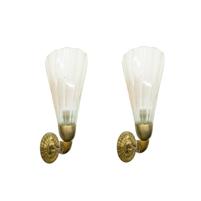 Italian Art Deco Brass Sconces with Murano Glass Shade, 1930s, Set of 2 For Sale - Image 18 of 18