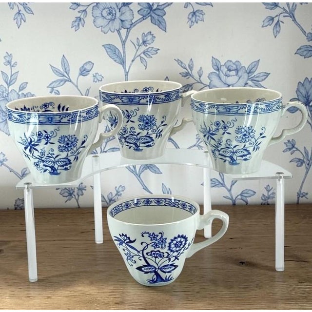Vintage Blue Onion Teacups (Blue Fjord, Blue Nordic Patterns From Wood & Sons, Meakin) English Blue and White - Set of Four: For Sale - Image 13 of 14