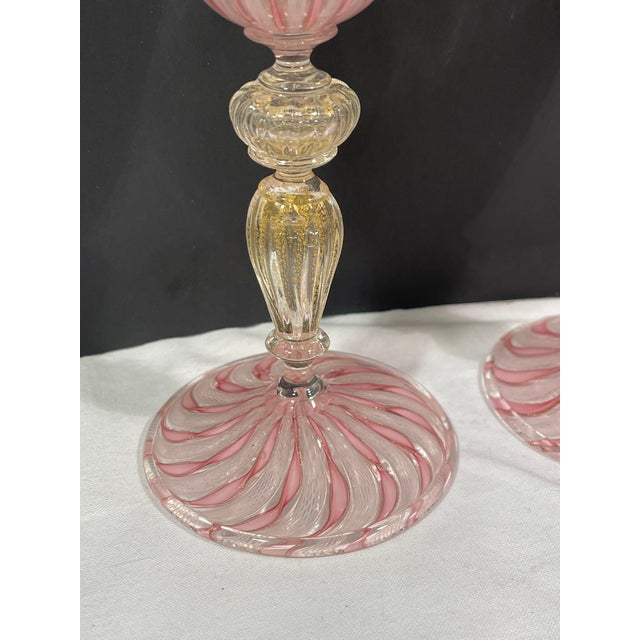 Glass Set of 2 Zanfirico Salviati Murano Style Pink Ribbon Glass Gold Dust Wine Glasses For Sale - Image 7 of 7