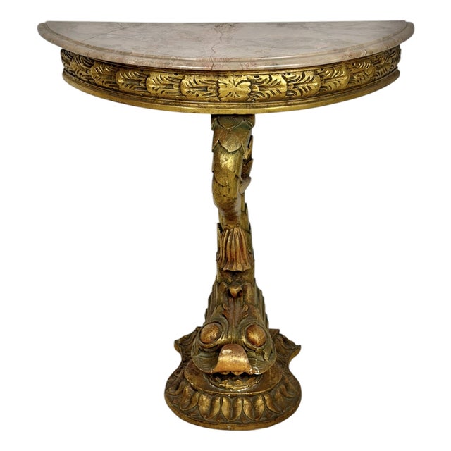 Italian Giltwood Demi-Lune Table with Marble Top, 1950 For Sale