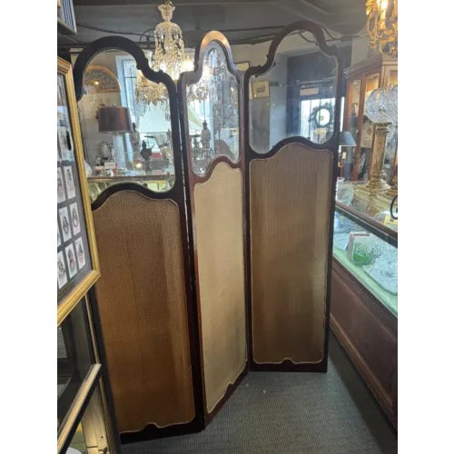 Ivory Antique Art Nouveau French Style Three Panel Dressing Screen With 3 Glass Panels For Sale - Image 8 of 11