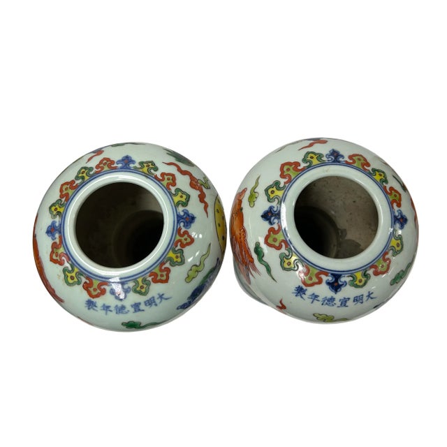 1970s Pair Vintage Chinese WuCai Mythical Graphic Porcelain Candle Holder Vase Art For Sale - Image 5 of 6