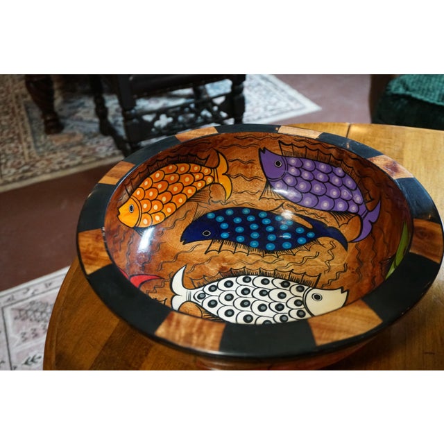 Wood Colorful Hand-Painted Wooden Fish Bowl – Folk Art Decorative Centerpiece For Sale - Image 7 of 9