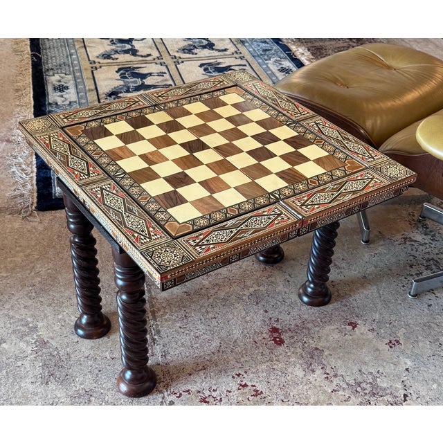 1960s Vintage Marquetry Wood and Mother of Pearl Inlay Folding Game Table For Sale - Image 5 of 10