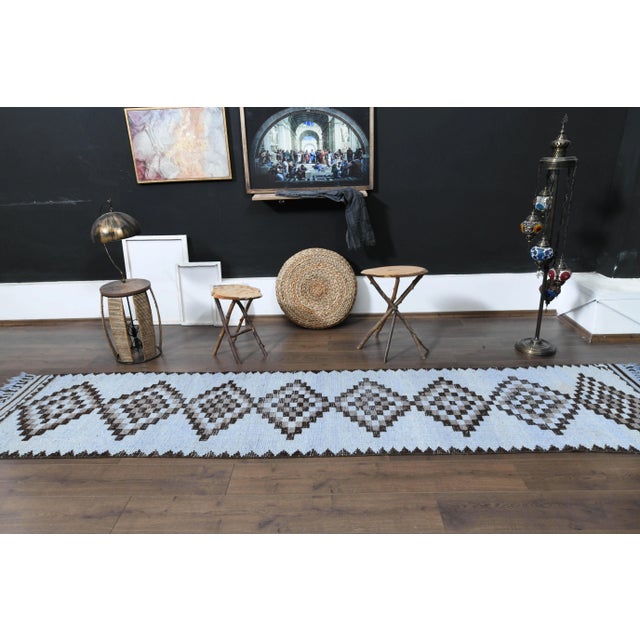 1970s Vintage Turkish Oushak Handmade Wool Cotton Blue Runner Rug For Sale - Image 9 of 11