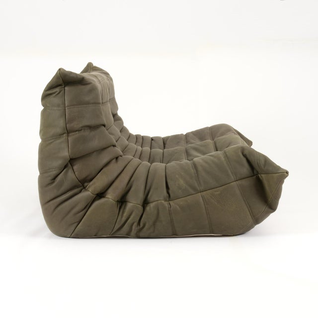Mid-Century Modern Togo Loveseat in Stone Olive Leather - Vintage Ligne Roset Sofa, Restored For Sale - Image 3 of 12