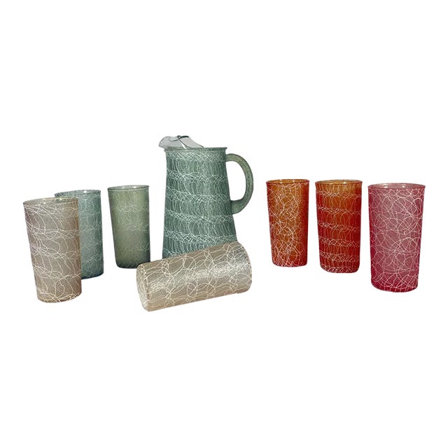 Vintage MCM Set of Drinking Glasses & Jug, Spaghetti String Pattern, Color Craft, Indianapolis, In., Set of Seven and Jug. For Sale