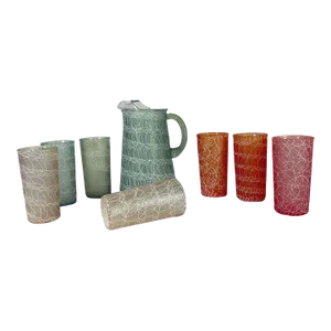 Vintage MCM Set of Drinking Glasses & Jug, Spaghetti String Pattern, Color Craft, Indianapolis, In., Set of Seven and Jug.