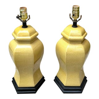 Vintage Asian Inspired Pair of Yellow Ceramic Table Lamps in Butter Yellow For Sale