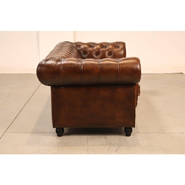 Chesterfield Style 6 Foot Cognac Brown Tufted Leather Sofa For Sale - Image 12 of 16