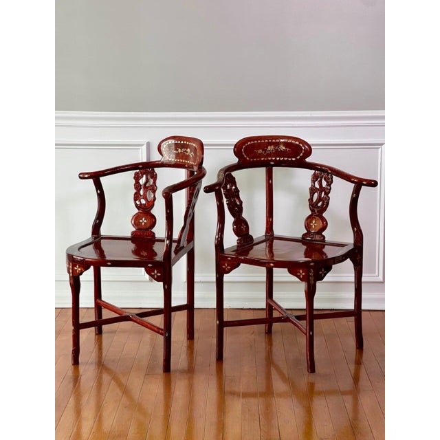 Pair of Chinese Rosewood Corner Chairs With Mother-of-Pearl Inlay, C. 1940 For Sale - Image 9 of 18