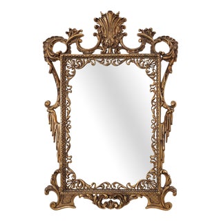 20th Century Chippendale Gilt Metal Mirror with Palmette Crest and Husk Garlands, Italy, 1950s For Sale