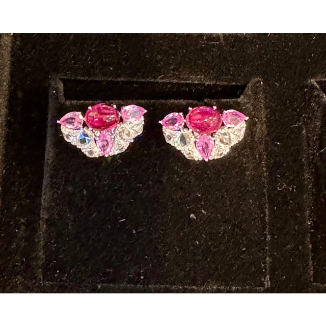 Pink Tourmaline and Pink Sapphire Earrings with Rose Cut Diamonds 18 Karat Gold For Sale - Image 14 of 18