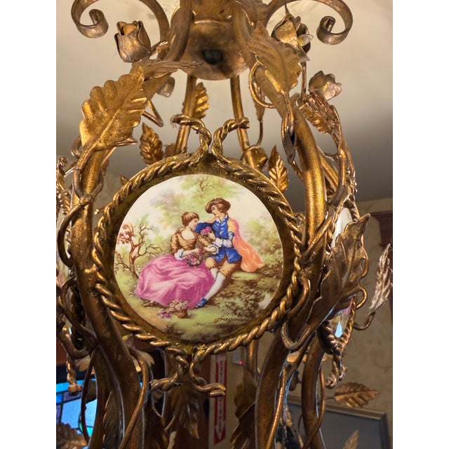 Vintage Gilt Metal & Hand-Painted Porcelain Medallion Chandelier, Rococo Revival Style For Sale - Image 4 of 8