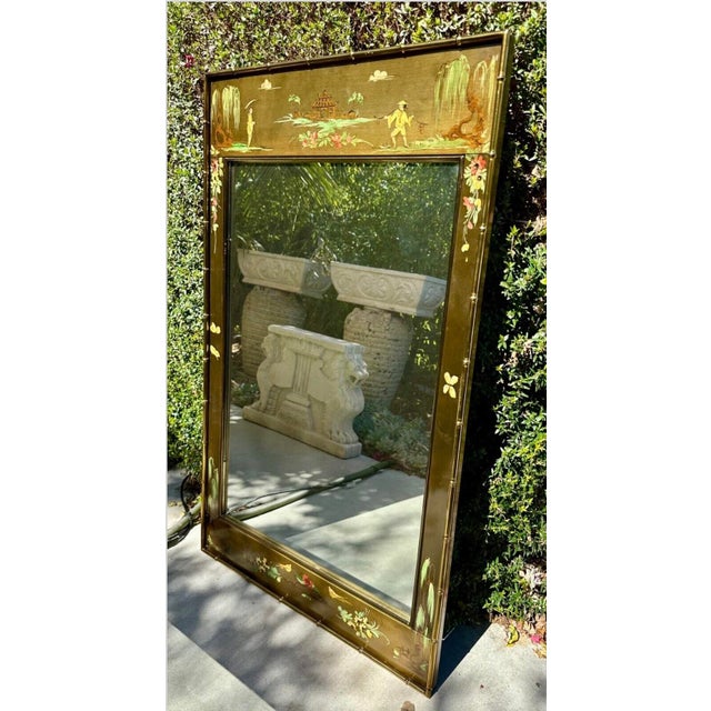 Gold LaBarge Italian Chinoiserie Hand-Painted Brass Bamboo Framed Mirror, 1970s For Sale - Image 8 of 12