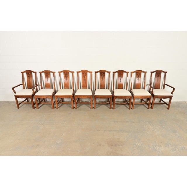 Mid-Century Modern Thomasville Mid-Century Hollywood Regency Chinoiserie Carved Walnut Dining Chairs, Set of Eight For Sale - Image 3 of 15