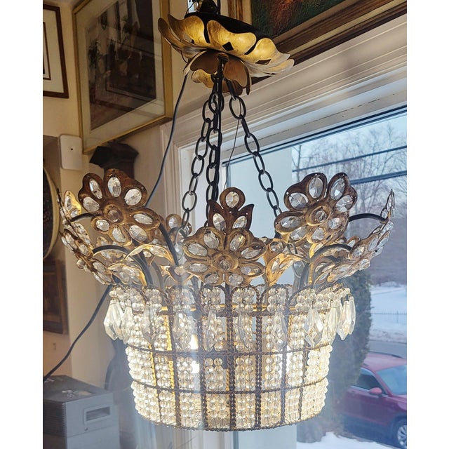 Vintage French Designer Mid-Century Modern Crystal & Bronze Flower Basket Chandelier For Sale - Image 13 of 13