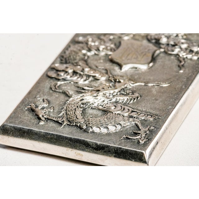 Silver Refined Antique Chinese Export 900 Silver Calling Card Case Holder Dragon Bamboo Bird Asian Design For Sale - Image 8 of 17