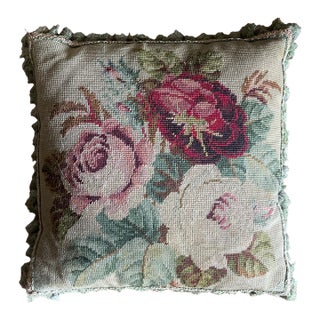 Authentic 19th Century French Needlepoint Pillow, With Down Interior and Velvet Backing. For Sale