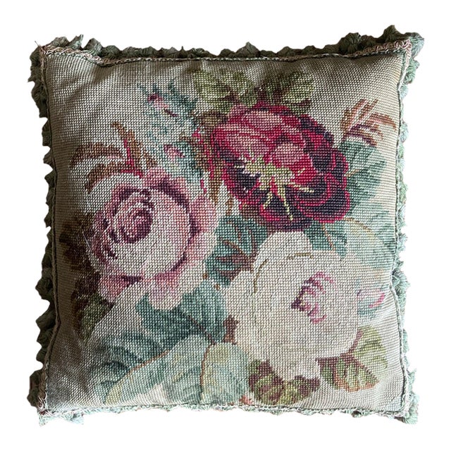 Authentic 19th Century French Needlepoint Pillow, With Down Interior and Velvet Backing. For Sale