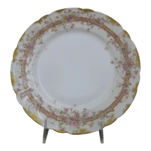 Haviland Limoges Pink & Yellow Flower Gold Trim Porcelain 9 1/2" Dinner Plate