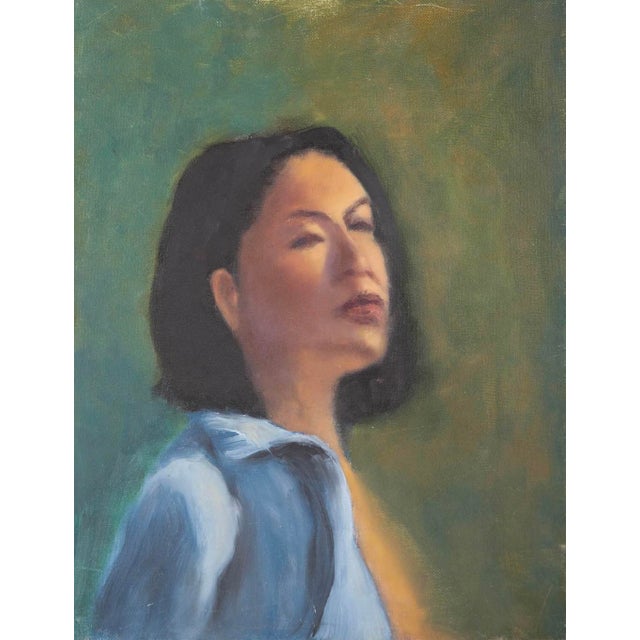 Original Portrait Oil Painting of a Woman, “Woman in Blue” For Sale