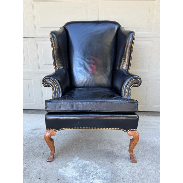 1960s Vintage Antique Leather Nailhead Brass Wing Back Chair Library Baker Hancock Era For Sale - Image 5 of 14
