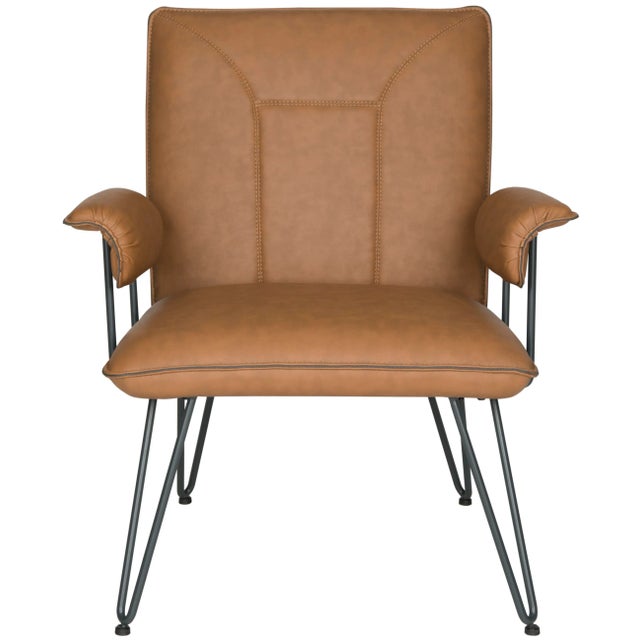 Metal 17.3"H Mid Modern Leather Armchair in Camel & Black For Sale - Image 7 of 7