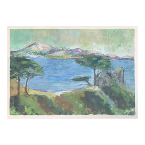 European Landscape, Watercolor and Oil Pastel, Framed Painting