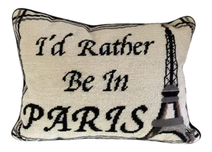 Contemporary Black & Off White I'd Rather Be in Paris Needlepoint Pillow