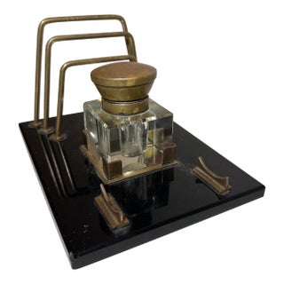 Antique Black Glass Bronze Brass Desk Inkwell Jar Letter Pen Holder Stand For Sale