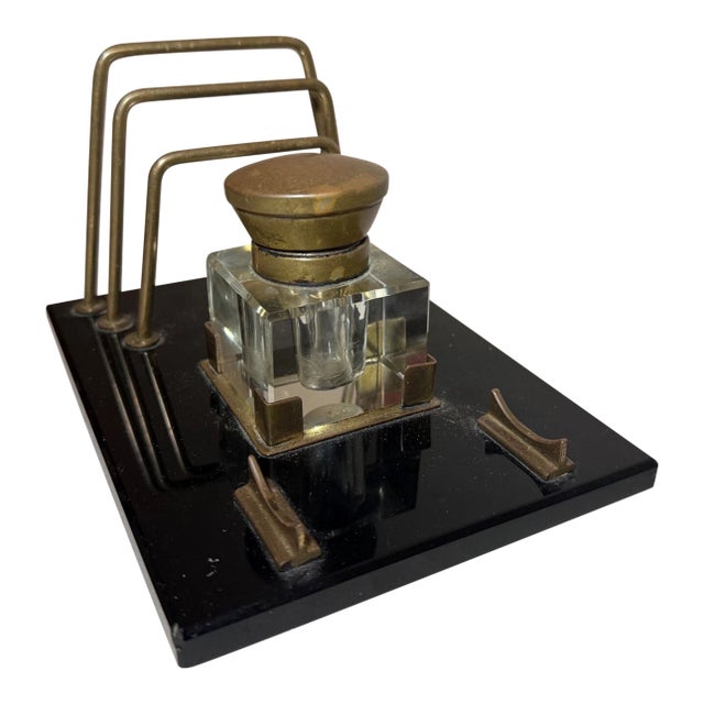 Antique Black Glass Bronze Brass Desk Inkwell Jar Letter Pen Holder Stand For Sale