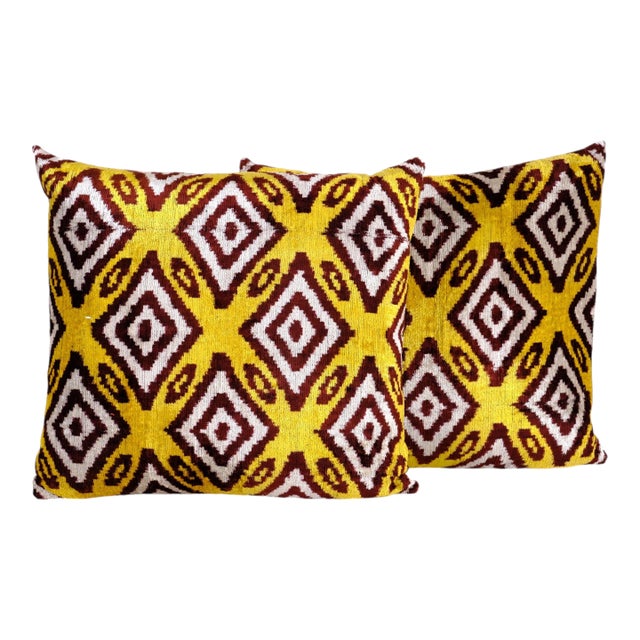 Yellow and Burgundy Silk Ikat Velvet Pillow Cover - A Pair For Sale