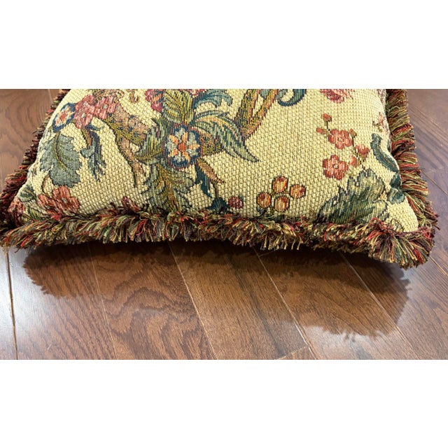 Vintage Aubusson Style Floral Tapestry Throw Pillows With Fringe Trim - Pair For Sale In New York - Image 6 of 11
