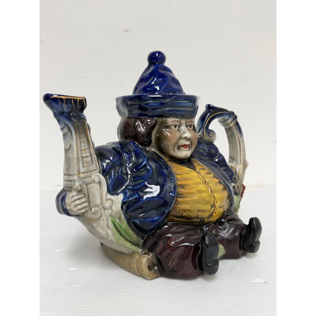 Traditional Vintage Staffordshire Style Majolica Toby Parliament Judge Teapot For Sale - Image 3 of 12