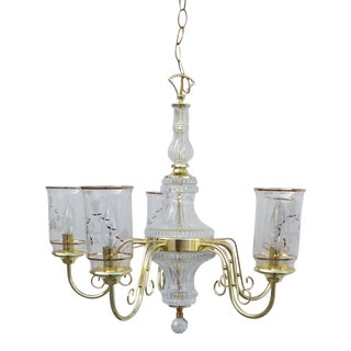 Vintage Regency 5 Light Etched Glass Tulip and Brass Chandelier For Sale