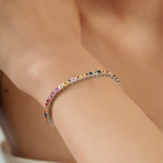 Carat&Her 7.23 Ct Square Cut Vibrant Multi Sapphire Tennis Bracelet in 925 Silver For Sale - Image 4 of 12
