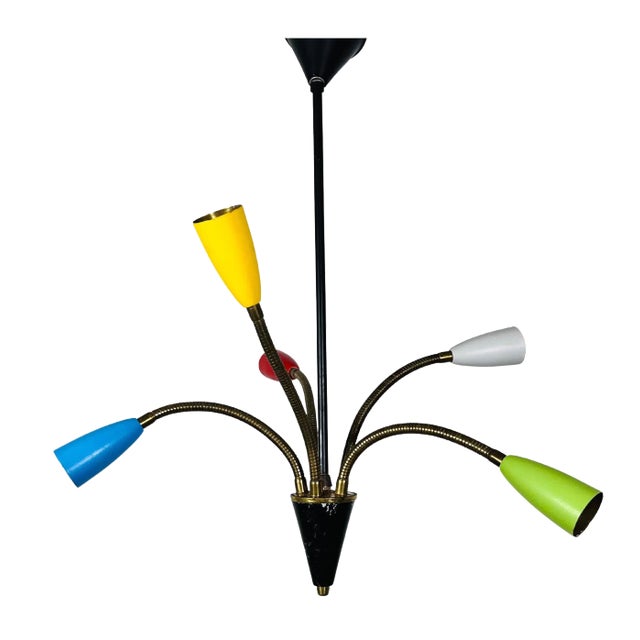 Colorful Mid-Century Brass 5-Arm Sputnik Chandelier, 1950s For Sale