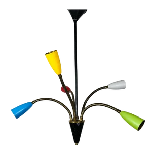 Colorful Mid-Century Brass 5-Arm Sputnik Chandelier, 1950s