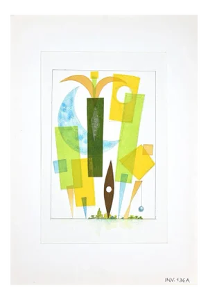 Leo Guida, Geometrical Wood, Original Watercolor On Paper, 1970s