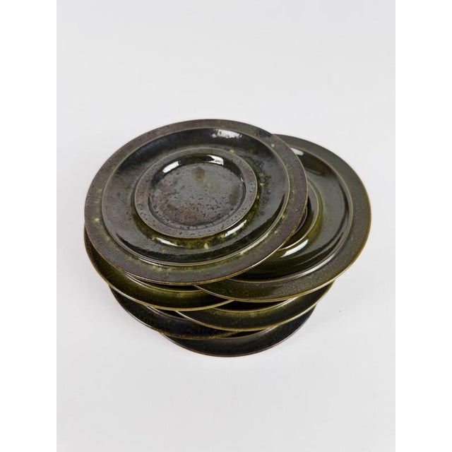 Mid-Century Scandinavian Olive Green Glazed Cups and Saucers, 1970s, Set of 12 For Sale - Image 14 of 18