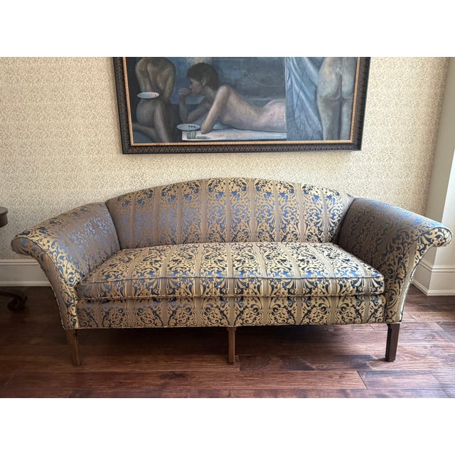 2000 - 2009 Rose Tarlow Melrose House Custom Curved Sofa – Blue & Gold Damask Upholstery – Collector‑Grade For Sale - Image 5 of 7